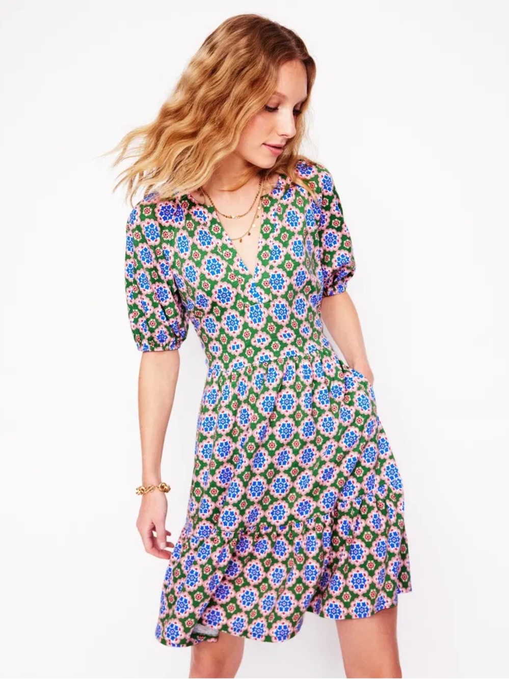 Boden Piper Green Blue Pink Floral Puffy Sleeves Peplum Hem Midi Dress Sz 10 NEW
